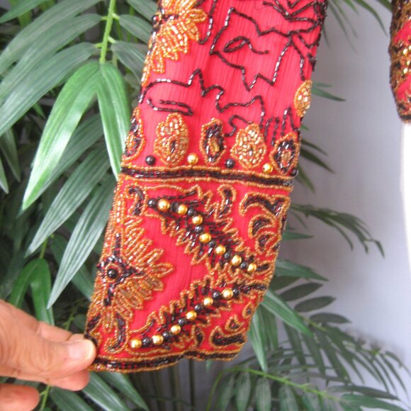 Beaded Jacket / Vtg 90s / Papell Boutique Evening Jacket red gold beaded - Picture 2 of 7